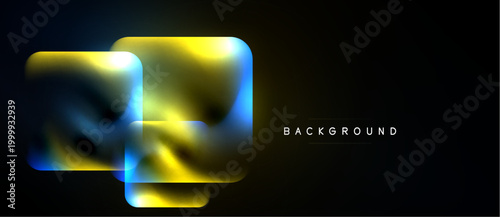 Abstract neon shapes overlap dark background. Vibrant blue, yellow hues create dynamic visual effect. Modern design element.