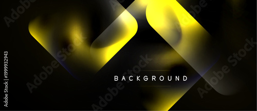 Abstract yellow shapes overlap black background. Modern design features smooth gradients, dynamic flow, text label present.