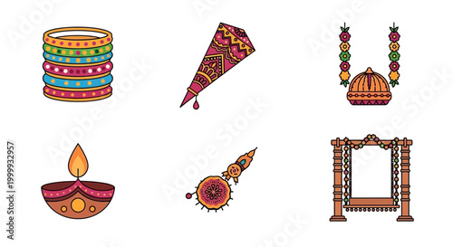 Set of Traditional Indian Cultural Festival and Wedding Celebration Icons.