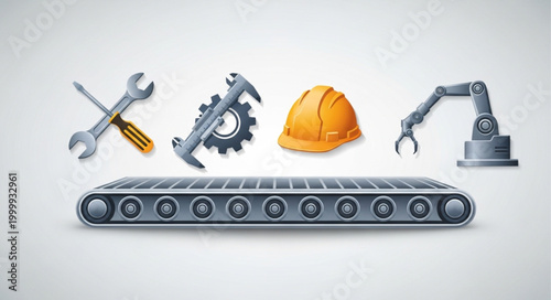 Industrial manufacturing equipment and tools on a conveyor belt.