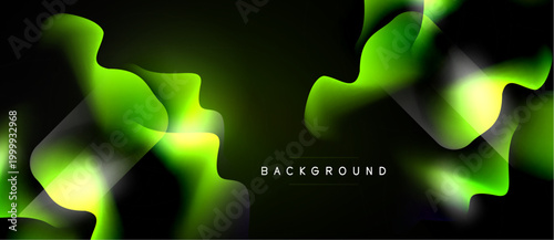 Abstract green shapes over black background. Dynamic fluid forms create modern visual effect. Minimalist design, text reads background.