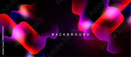 Abstract fluid shapes overlap, creating vibrant pinks, purples, blues on black background. Dynamic composition suggests movement, energy.