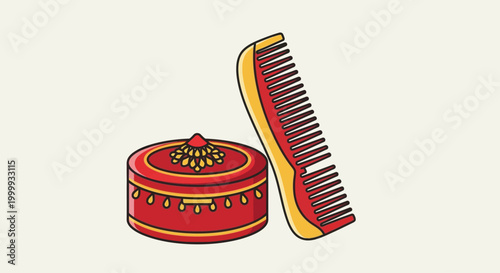 Decorative Indian style round jewelry box and traditional hair comb illustration.