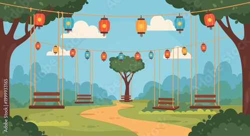 Wooden garden swings decorated with colorful paper lanterns hanging from trees.