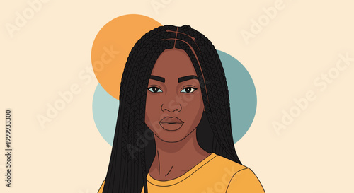Striking portrait of a beautiful woman with long dark braids looking forward against a minimalist background featuring large orange and blue circles.