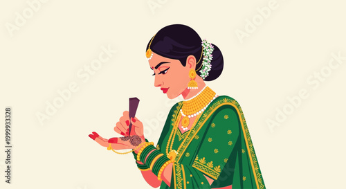 Indian woman applying henna tattoo on hand for wedding ceremony.