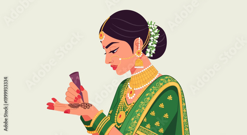 Indian woman applying henna mehendi on her hand in traditional attire.