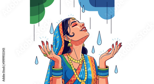 Indian woman celebrating the arrival of monsoon rain.
