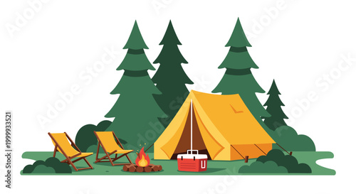 Peaceful campsite in a lush evergreen forest featuring a yellow tent, a cozy campfire, two folding chairs, and a red cooler box for a great trip.