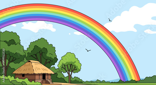 Cartoon illustration of a traditional thatched roof hut nestled in a lush green landscape under a bright rainbow.