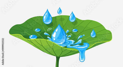 Cartoon illustration of a green lotus leaf with fresh water droplets falling on it.