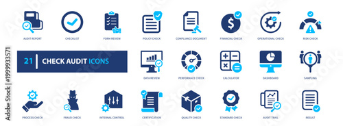 Check audit icon set. verification, inspection, validation, control, quality. solid style icon collection.
