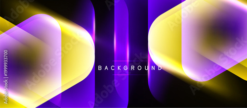 Abstract neon shapes overlap, creating vibrant purple, yellow glow. Modern design, perfect backdrop for digital projects.