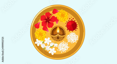 Traditional Indian Puja Thali with Diya and Flowers.