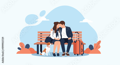 Young couple sitting on a wooden bench with their luggage and a small dog while waiting for their next adventure to begin at a travel station.