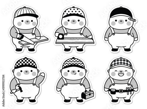 Cartoon Builders in Overalls and Hats Ready to Work.