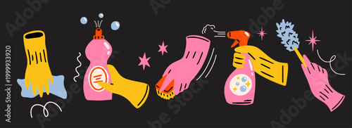 Hands in gloves holding cleaning items vector sticker elements set with cartoon funky groovy illustration of various household tools, cleaning products, supplies, equipment for cleaning service 