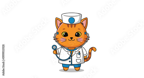 Adorable orange tabby cat dressed as a professional doctor wearing a white lab coat and a hat while holding a stethoscope for a checkup.