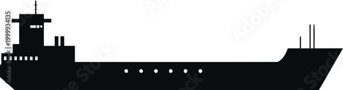 Black silhouette of industrial cargo ship, Large oil tanker vessel side view, Freight transportation ship silhouette on white