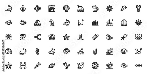 Sea life icon set. Ocean vector icons pack. Minimal marine symbols. Featuring swordfish, anchor, whale, dolphin, shark, jellyfish, octopus, seashell, coral and more.