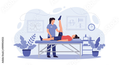 Professional physical therapist helping a female patient perform leg stretching exercises on a treatment table in a modern clinic setting.