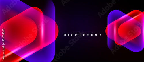 Abstract neon shapes overlap, creating vibrant gradients. Dark background emphasizes glowing pink, purple hues. Modern design element.