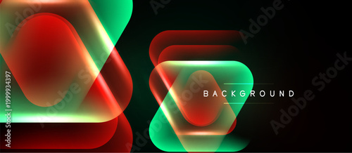 Abstract neon shapes overlap, creating vibrant red, green glow. Dark background emphasizes luminosity, modern design element.