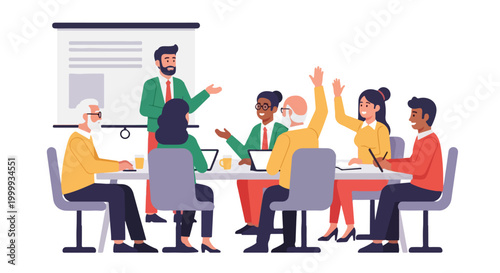 A group of diverse professionals are participating in a collaborative business meeting with a presenter and active audience engagement.