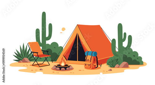 Cozy camping setup in a desert landscape featuring an orange tent, campfire, a backpack, and a folding chair surrounded by tall cacti.