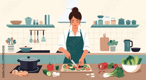 Professional chef woman wearing a green apron preparing a healthy salad by chopping fresh vegetables on a wooden board in a modern kitchen.