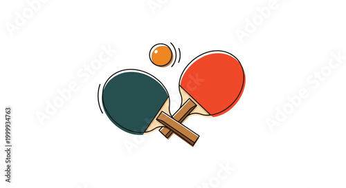 Pair of table tennis rackets in red and dark green colors with an orange ping pong ball, symbolizing sports, games, and recreation.