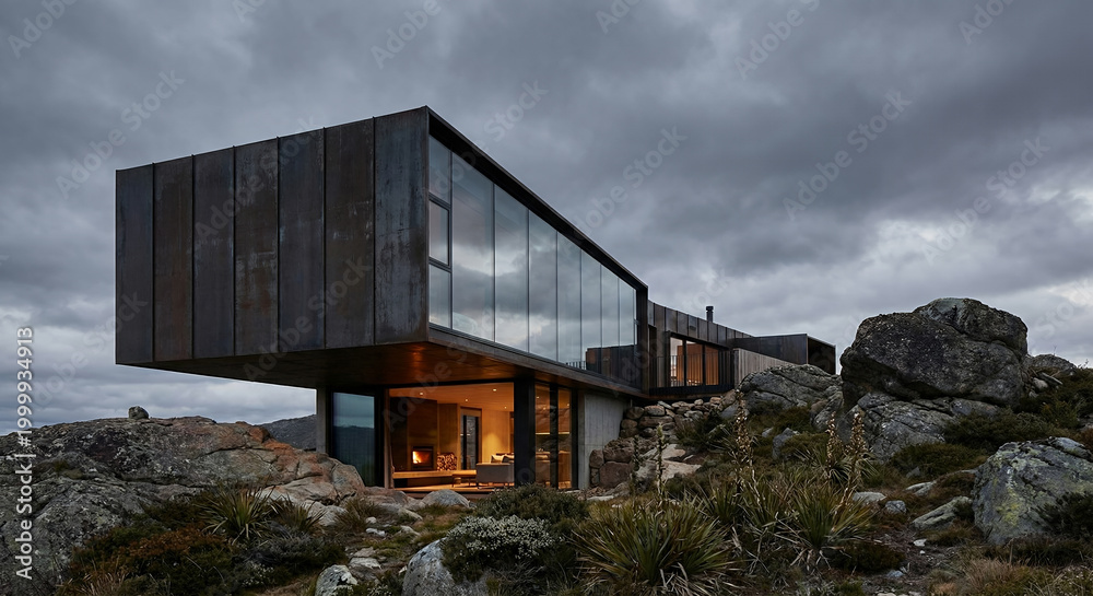 Fototapeta premium A modern, angular house with large glass windows and dark metal siding is nestled into a rocky, overgrown hillside under a cloudy sky. 