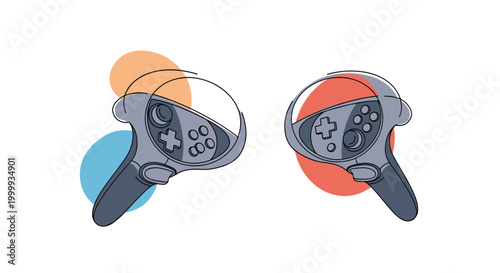 Pair of modern virtual reality game controllers with buttons, set against colorful abstract background shapes for gaming tech.
