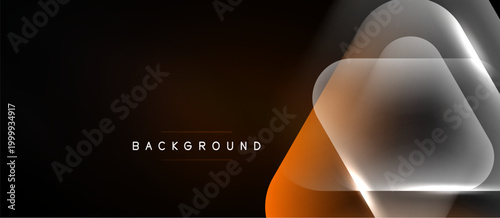 Dark background features layered geometric shapes. Orange, white gradients create modern visual effect. Minimalist design, text reads background.