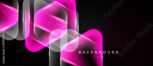 Abstract neon shapes overlap, creating vibrant pink, white glow against dark backdrop. Modern design element.