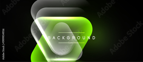 Abstract neon layers create glowing geometric background. Bright green hues dominate dark space, forming dynamic composition.