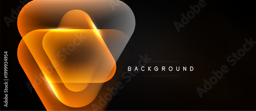 Abstract orange shapes overlap dark background. Modern design, glowing effect, simple composition. Minimalist aesthetic, vibrant colors.