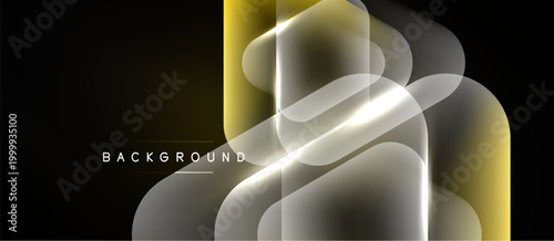 Abstract design features flowing shapes, gold accents, luminous white layers over dark background. Modern, dynamic composition.