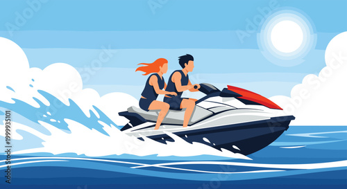 Adventurous couple riding a fast jet ski on blue ocean waves under a bright sun, showing water sports and summer vacation fun.