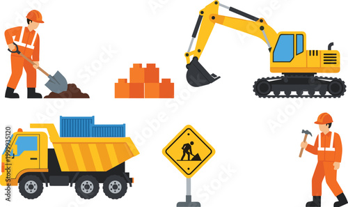 Construction site vector set with yellow excavator dump truck road workers and under construction signs.