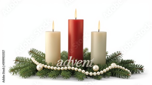 Three colorful advent candles with green pine branches and silver pearl beads for christmas holiday decoration and festive home seasonal decor