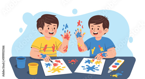 Two happy young boys sitting at a table having fun by painting with their hands on white paper, covered in colorful paint splashes.