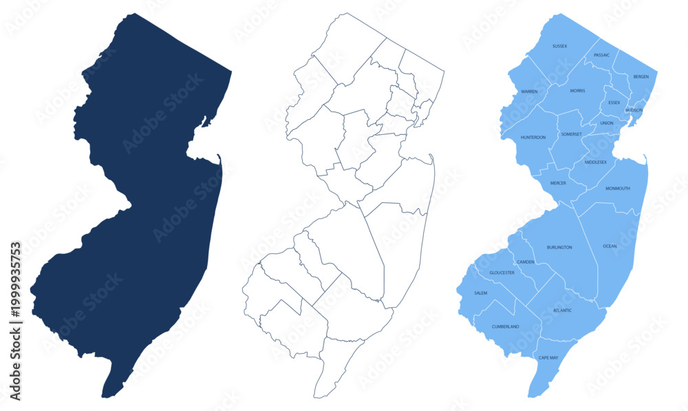 Fototapeta premium New Jersey Counties Map with Labels – State Silhouette and County Boundaries Vector