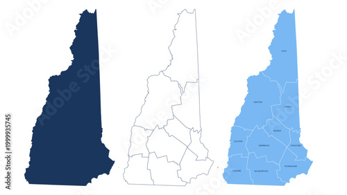 Fotografie New Hampshire Counties Map with Labels – State Silhouette and County Boundaries