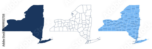 Quadro su tela New York Counties Map with Labels – State Silhouette and County Boundaries Vecto