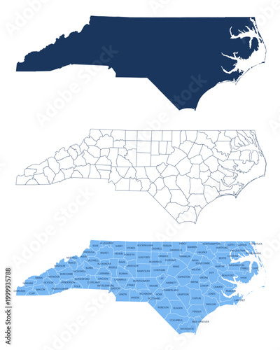 Schilderij op canvas North Carolina Counties Map with Labels – State Silhouette and County Boundaries