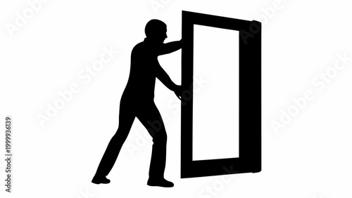 Silhouette of a determined person forcefully pushing open a large imposing doorway symbolizing new beginnings opportunity and overcoming obstacles with a clean minimalist design
