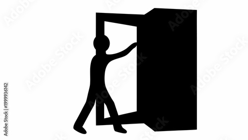 Silhouette of a solitary figure pushing open a massive imposing doorway symbolizing breakthrough new opportunities and overcoming challenges with determination and courage