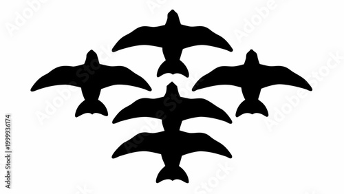 Five black bird silhouettes in dynamic flight formation creating an abstract upward arrow shape against a pure white background symbolizing progress freedom and unity in a clean