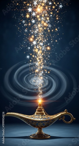 Ornate ancient oil lamp emitting a stream of glowing stars and swirling energy